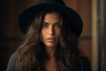 Fashion portrait of a beautiful brunette woman in black hat and sweater