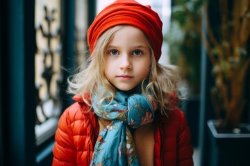 Portrait of a cute little girl in a red hat and scarf
