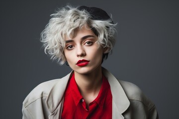 Portrait of a beautiful young woman with short blond hair and red lips.