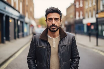 Handsome young man with beard and mustache, wearing black leather jacket, standing on the street, looking at camera