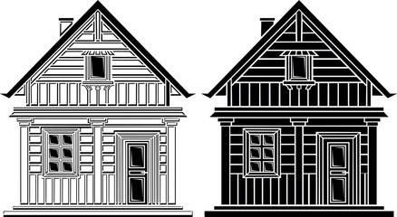 Stylized contour and black gothic house. Design and decor element, stencil or silhouette type. Highly detailed and accurate lines for print or engraving
