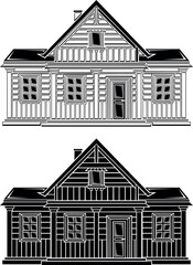 Stylized contour and black gothic house. Design and decor element, stencil or silhouette type. Highly detailed and accurate lines for print or engraving