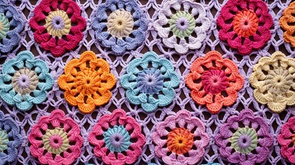Seamless crochet fabric pattern photo background. Flowers in different colors granny chic style...