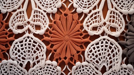 Seamlett crochet fabric pattern photo background. Flowers 3d crochet doily on a neutral colors  granny chic style pattern. Vector mid century modern style. Handmade - obrazy, fototapety, plakaty