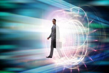 Businessman entering virtual world in business concept