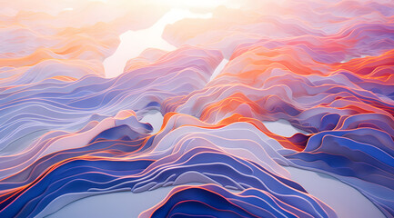 Surreal Landscape of Fluid Color Waves, a surreal landscape, composed of fluid waves of color that ebb and flow in a seamless gradient from warm oranges to cool blues