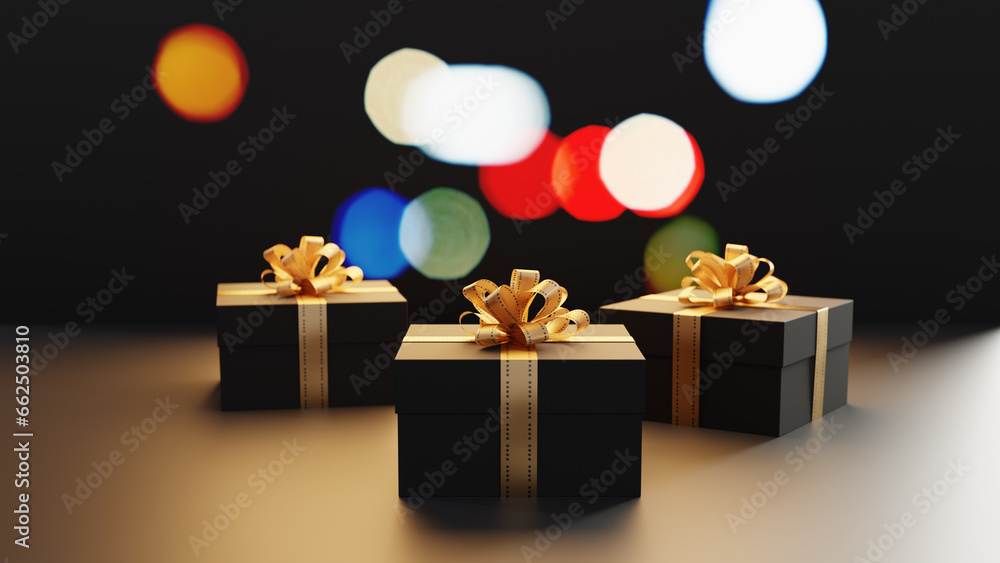 Poster black friday shopping concept background with three gift boxes and a bokeh, 3d rendering