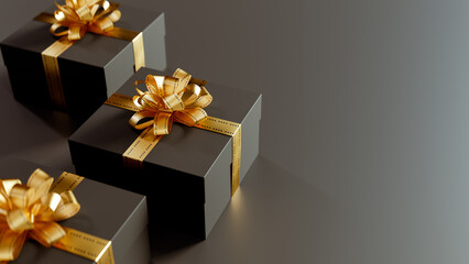 Black Friday shopping concept background of black gift box with golden ribbon tied, 3d rendering