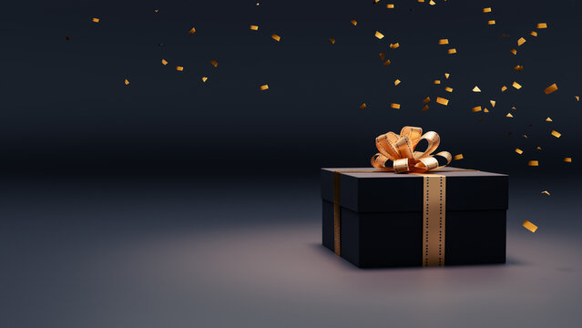 Black Friday shopping concept background of black gift box with golden ribbon tied, 3d rendering