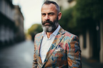 Fototapeta premium Portrait of a handsome bearded man in an elegant jacket. Men's beauty, fashion.