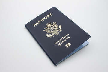 US biometric passport isolated on a white background with copy space.