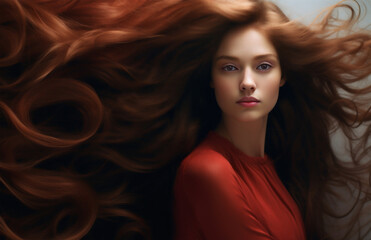 Obraz premium An illustration of a female model with long auburn hair and wearing a red dress. Luxurious flowing hair exaggerated in length.