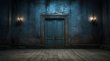 An illustration of an old blue wall and door. Graphic asset or resource. Dirty and abandoned. Dark and moody.
