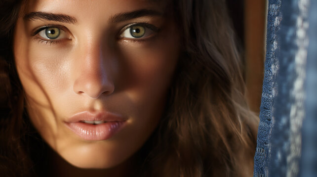 Closeup studio portrait of a beautiful female model with large amber eyes. Sunlit skin and brown hair.