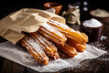 Traditional Spanish dessert churros with puffed sugar, churros close-up, fresh hot sticks in a paper bag