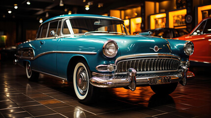 Obraz na płótnie Canvas Vintage Blue Car in a Museum like Setting with Automotive Memorabilia