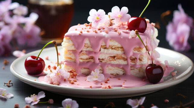 A Vibrant and Elegant Pastry with Cherry Blossoms and Cherries on a White Plate 