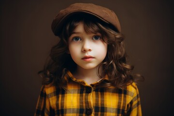 Portrait of a cute little girl with curly hair in a cap.