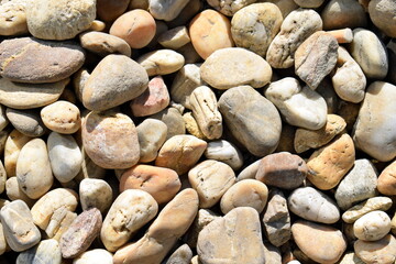 Pebble stones with various color tones and shapes on the ground