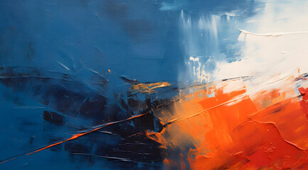 A painting of blue and orange shapes on a canvas. The shapes are made with brushstrokes and have different sizes. The colors mix in some places and create a nice contrast