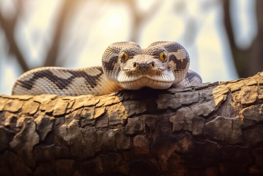 closeup of python on tree with blurred background. generative ai