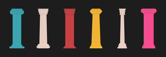 Set antique columns. Greek vintage columns with scrolls and capitals, Roman pillars, in cartoon antique style