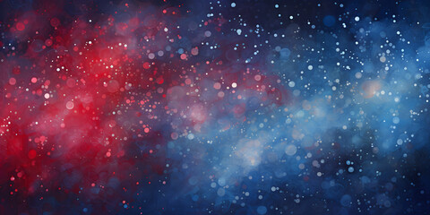 Abstract watercolor cosmic nebula background with red and blue splatters and star dust effect.