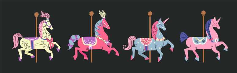 Set carousel horses. Cartoon cute pink unicorns, French retro vintage carousel. - obrazy, fototapety, plakaty