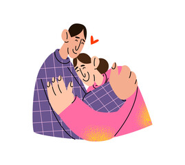 People man and woman hugging. Cartoon characters happy friends greet each other. Support, trust, attitude, love, positive emotions concept.