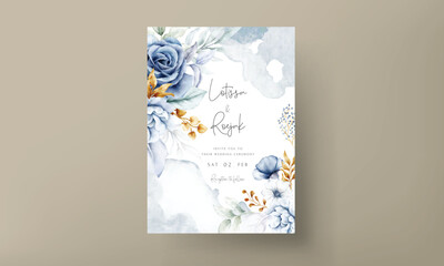 beautiful wedding invitation with blue and gold floral ornament
