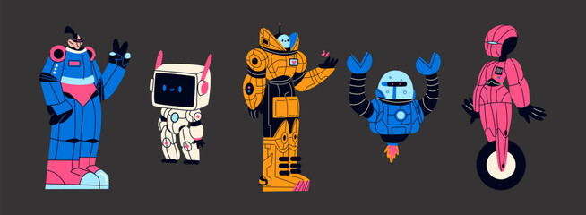 Cartoon y2k characters robots of the future in the style of the 90s. Futuristic heroes in spacesuits, iron suits, future technologies, digital assistant machines