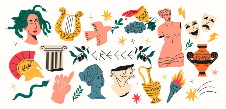 Set of Greek antique stickers in ancient groovy carton retro style. Antique statues, vases, columns, antiques. Vector illustration in modern bohemian style
