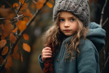 Portrait of a beautiful little girl in a hat and coat in the autumn forest.