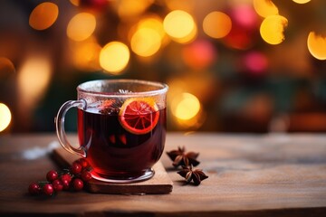 Christmas mulled red wine with spices and fruits on a wooden table against a background of Christmas lights. Traditional hot drink at Christmas - obrazy, fototapety, plakaty