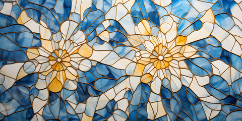  Geometric Art Mosaics. Symmetrical Voronoi Stained in Blue, White, and Yellow Colored