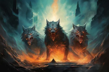 Fotobehang Fierce werewolves transforming under the light of the full moon - Generative AI © Sidewaypics