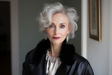 Portrait of a beautiful senior woman with grey hair in a black jacket