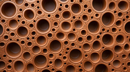 Terra Cotta Pipes Pattern, dense array of terra cotta pipes presenting a captivating pattern of circular openings, creating a textured, organic background