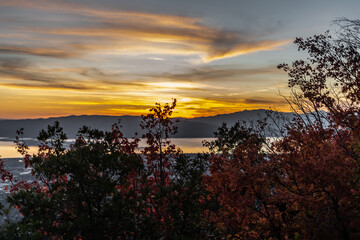 Sunset at Dusk Utah Lake Fall Leaves
