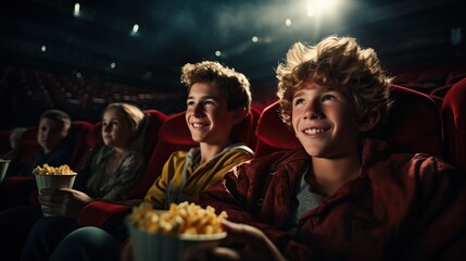 teenagers watching a funny movie in the cinema. crowd of happy spectators sitting in armchairs laughing at the movie they are watching and enjoying popcorn and drinks. 