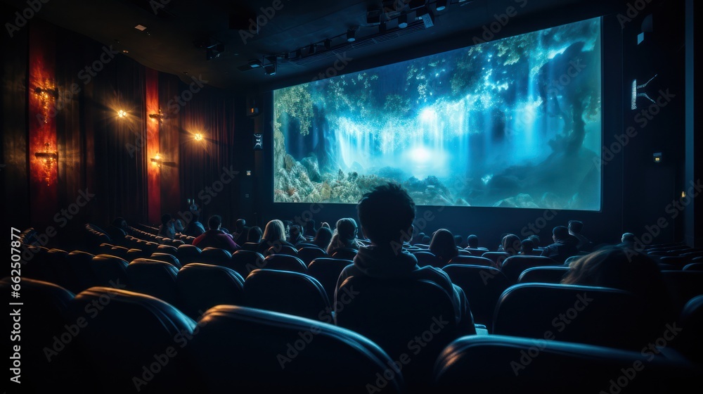 Wall mural film on screen old retro cinema with red velvet walls and seats. mystical atmosphere.