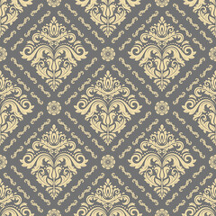 Classic seamless pattern. Damask orient gray and yellow ornament. Classic vintage background. Orient ornament for fabric, wallpapers and packaging