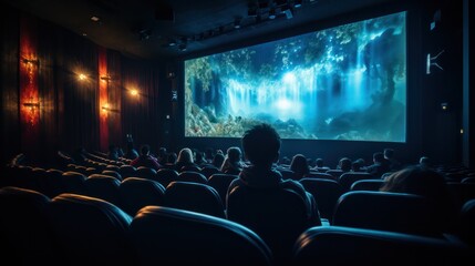 film on screen old retro cinema with red velvet walls and seats. mystical atmosphere.  - obrazy, fototapety, plakaty