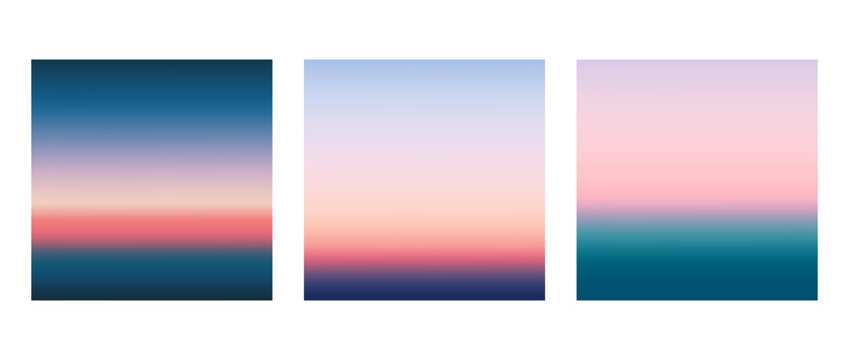 Sunrise or sunset gradients background set. Smooth blurred wallpaper set in pink, blue and green colors. Abstract beach and sea or ocean horizon backdrop. Vector illustration