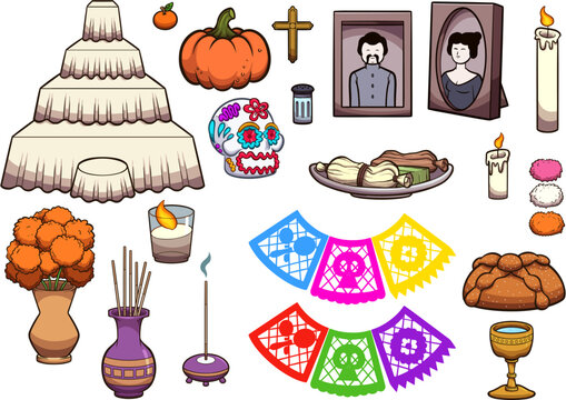 Dia De Los Muertos Altar Items. Vector illustration with simple gradients.
