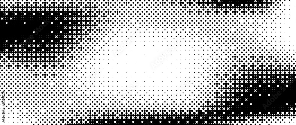 Poster Pixelated bitmap gradient texture. Black and white wavy dither pattern background. Abstract radial glitchy pattern. 8 bit video game screen wallpaper. Wide pixel art retro illustration. Vector
