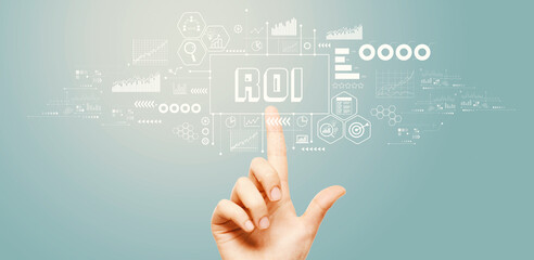 ROI theme with hand pressing a button on a technology screen