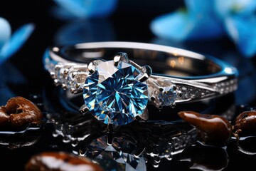 Fototapeta na wymiar engagement ring with sapphire, jewelry with blue diamond and diamond gemstones. on a black wet mirror surface among flowers