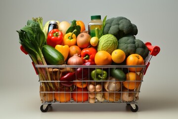 Healthy food, fruits and vegetables in a grocery cart on a light background. Choosing healthy food for the heart, healthy lifestyle concept.