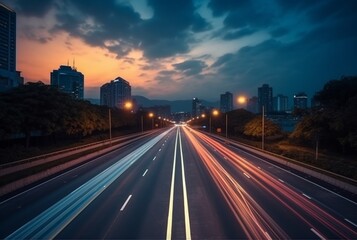 time lapse photography of highway road at night background. generative ai